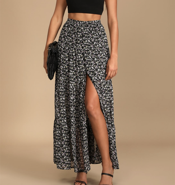 Lulus Subtle Sweetness Black Floral Print Tiered Maxi Skirt