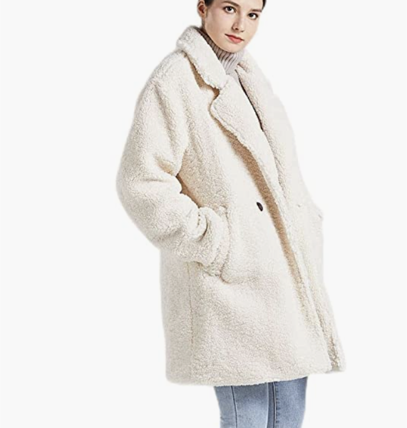 Amazon Women Warm Fuzzy Fleece Winter Coat Faux Fur Coat Beige Thick Cardigan Outercoat Fluffy Teddy Fleece Elegent Solid Overcoat