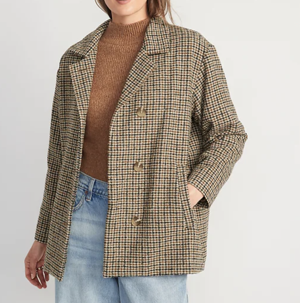 Old Navy Soft-Brushed Houndstooth Plaid Button-Front Car Coat for Women