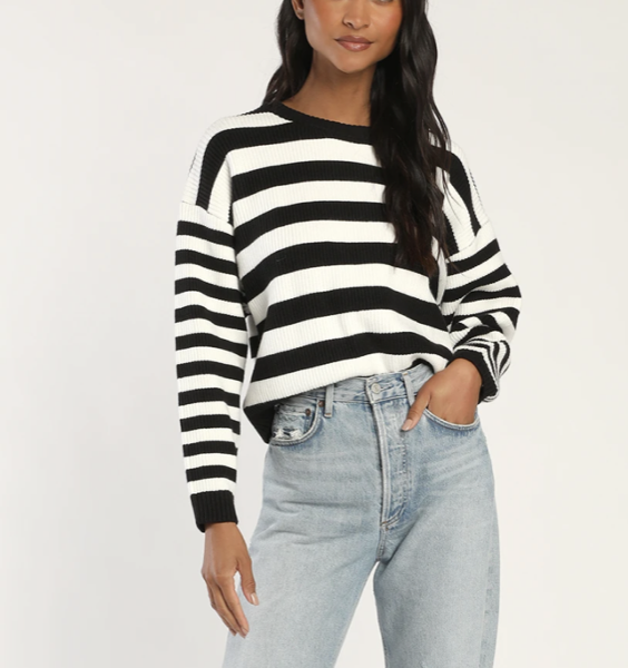 Lulus Dreamy Comfort Black and White Striped Ribbed Pullover Sweater