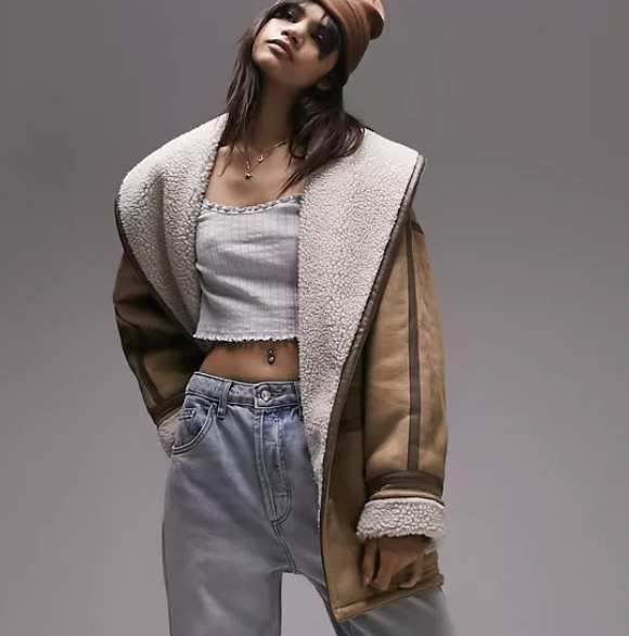 ASOS Topshop Oversized Faux Shearling Car Coat in Tan