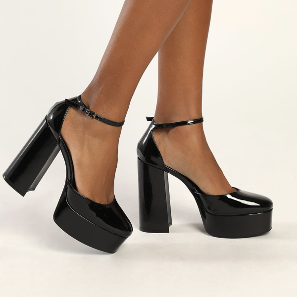 Lulus Dion Black Patent Platform Ankle Strap Pumps