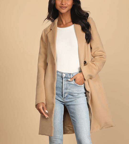 Lulus Harriet Long Double-Breasted Tan Coat