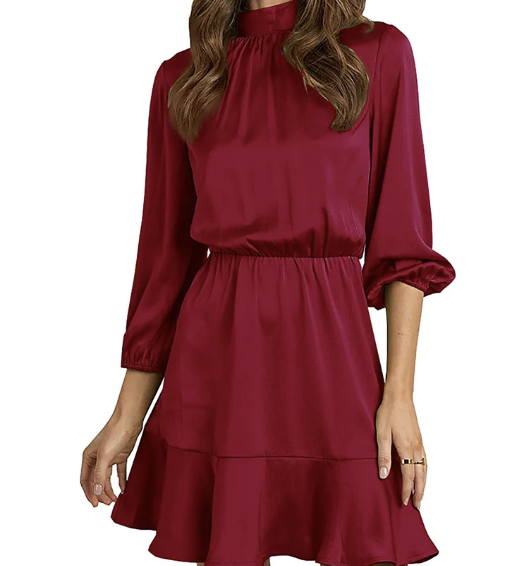 Amazon BTFBM Women's Satin Short Dress Long Lantern Sleeve Self Tie Back Crew Neck High Waist Dresst Ruffle A-Line Mini Dresses