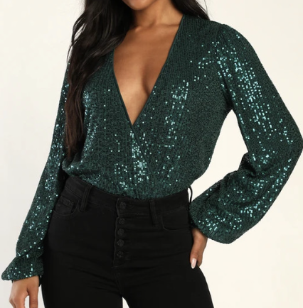 Lulus Never Ending Glam Emerald Greene Sequin Surplice Bodysuit