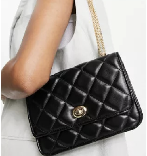 Asos Design Diamond Quilted Crossbody with Lock Detail and Adjustable Shoulder Strap in Black