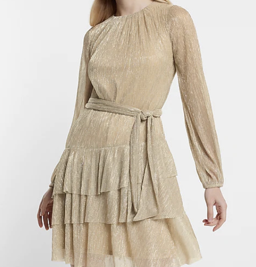 Express Metallic Gold Long Sleeve Tie Waist Tiered Ruffle Mini Dress