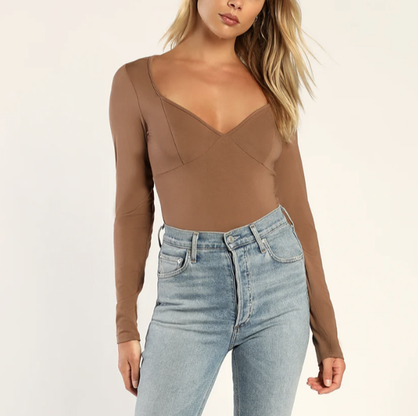 Lulus Keepin' It Stylish Light Brown Long Sleeve Bodysuit