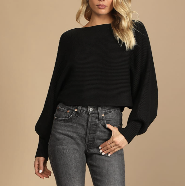 Lulus Come and Cuddle Black Ribbed Knit Dolman Sleeve Cropped Sweater