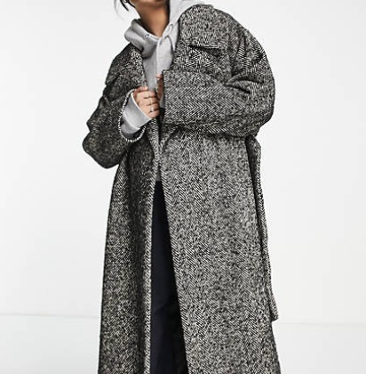 Asos Design Smart Herringbone Belted Coat in Black and White