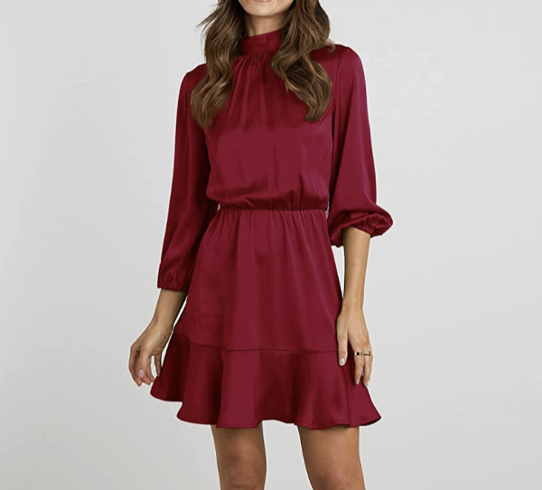 Amazon BTFBM Women's Satin Short Dress Long Lantern Sleeve Self Tie Back Crew Neck High Waist Dressy Ruffle A-Line Mini Dresses