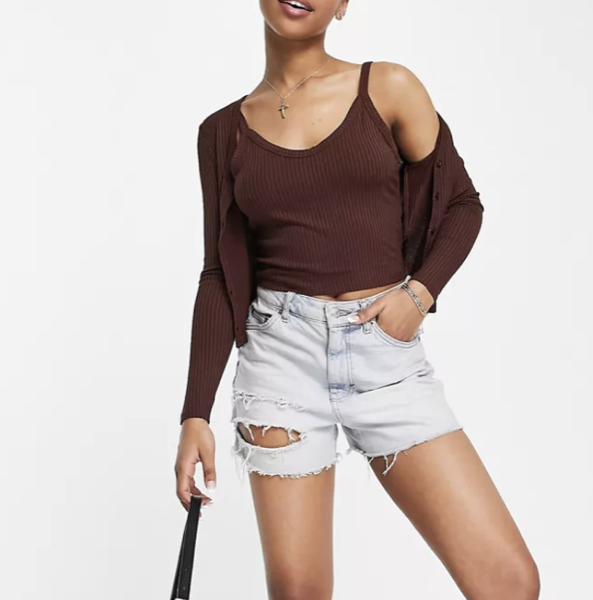 Asos Miss Selfridge Two-Piece Ribbed Cardigan and Cami Set in Chocolate