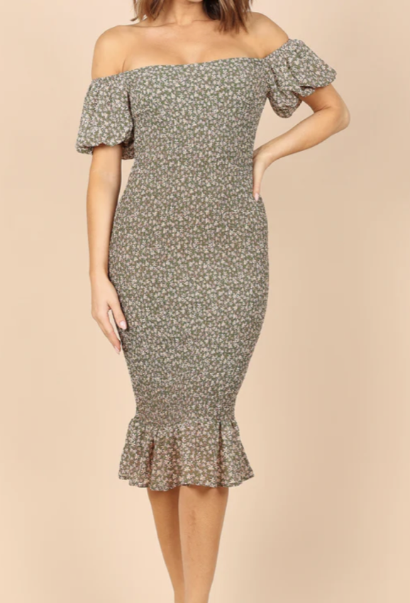 Petal &amp; Pup Claire Shirred Bodycon Off Shoulder Midi Dress