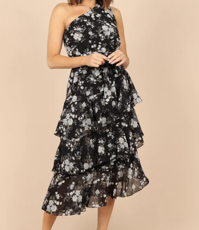 Petal and Pup BRIGETTE ONE SHOULDER TIERED MAXI DRESS - BLACK FLORAL