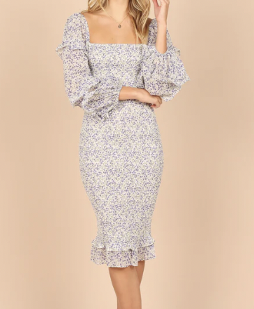 Petal and Pup BONITA SHIRRED FRILL LONG SLEEVE BODYCON MIDI DRESS - BLUE FLORAL
