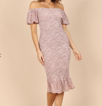 Petal and Pup CLAIRE SHIRRED BODYCON OFF SHOULDER MIDI DRESS - PINK FLORAL