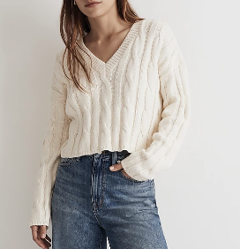 Cable-Knit V-Neck Crop Sweater