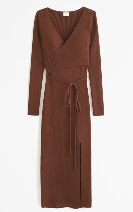 Abercrombie Long-Sleeve Wrap Midi Sweater Dress (XS Petite in Brown)