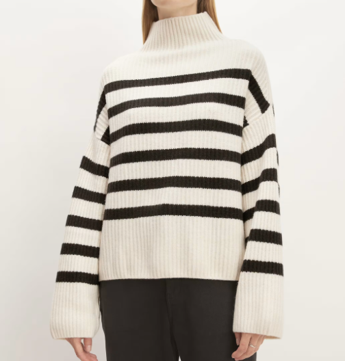 Everlane The Felted Merino Funnel-Neck Pullover white sweater with black stripes