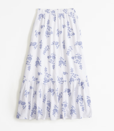 Abercrombie Linen-Blend Embroidered Tiered Maxi Skirt