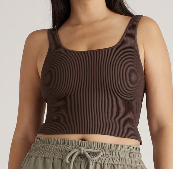 Quince Cropped Square Neck Ribbed Knit Tank (Size XS in Dark Brown)