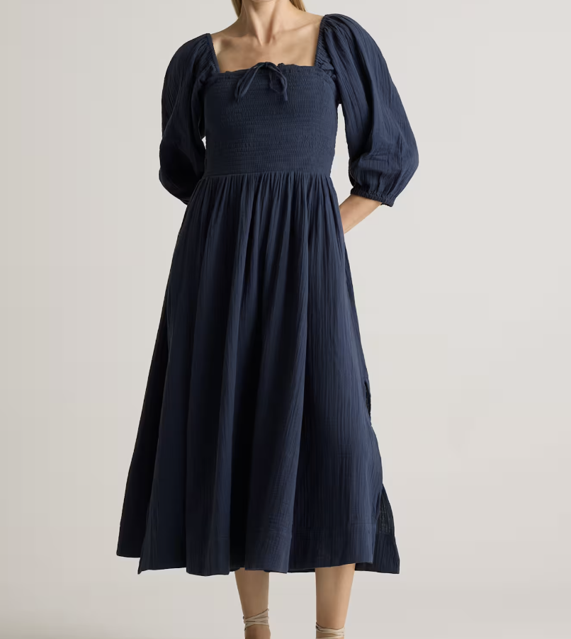 Qunice 100% Organic Cotton Gauze Smocked Square Neck Midi Dress 