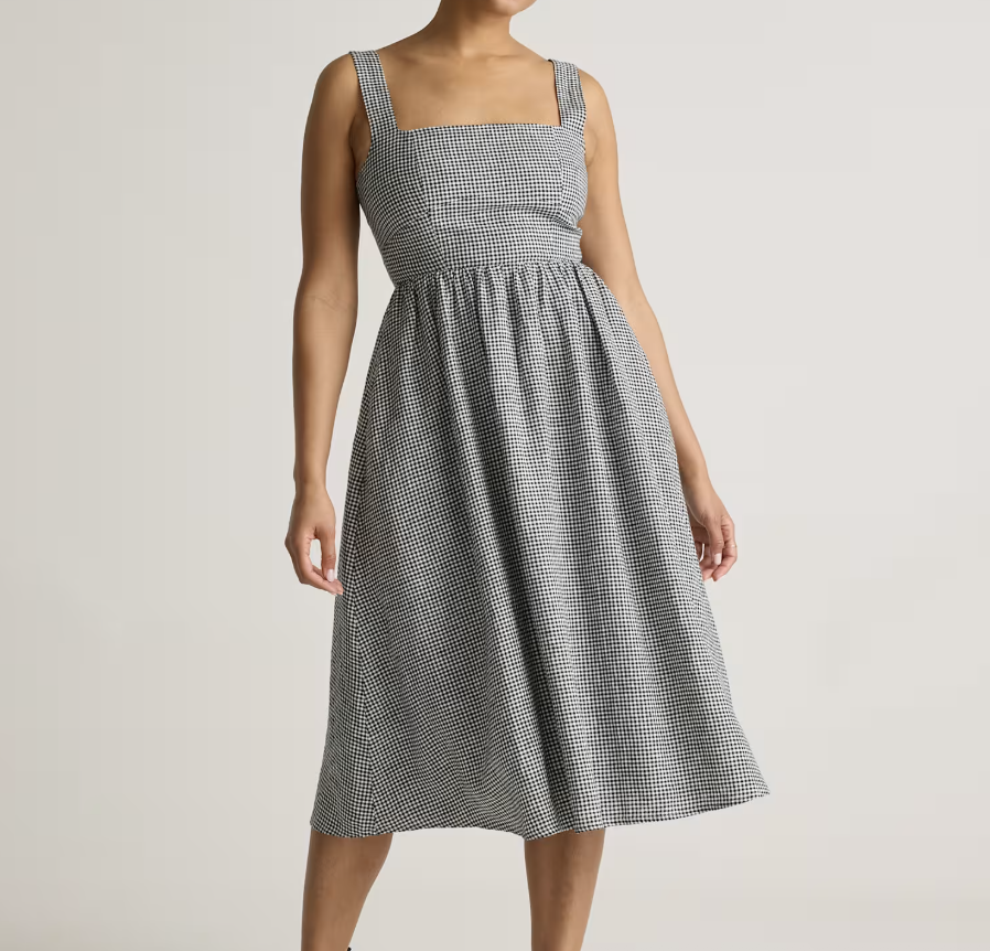 Quince 100% European Linen Fit &amp; Flare Midi Dress in Classic Mini Gingham 