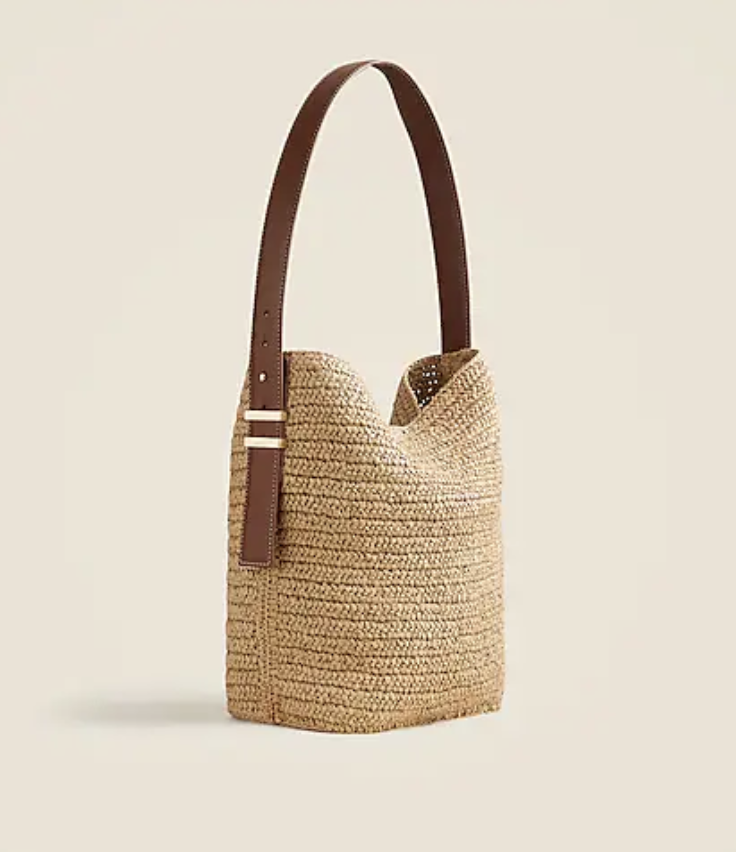 J. Crew Palma Bucket Bag in Handknotted straw and leather 