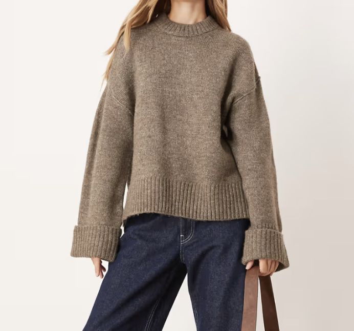 Gina Tricot relaxed crew neck folded sleeve knit sweater in heathered brown