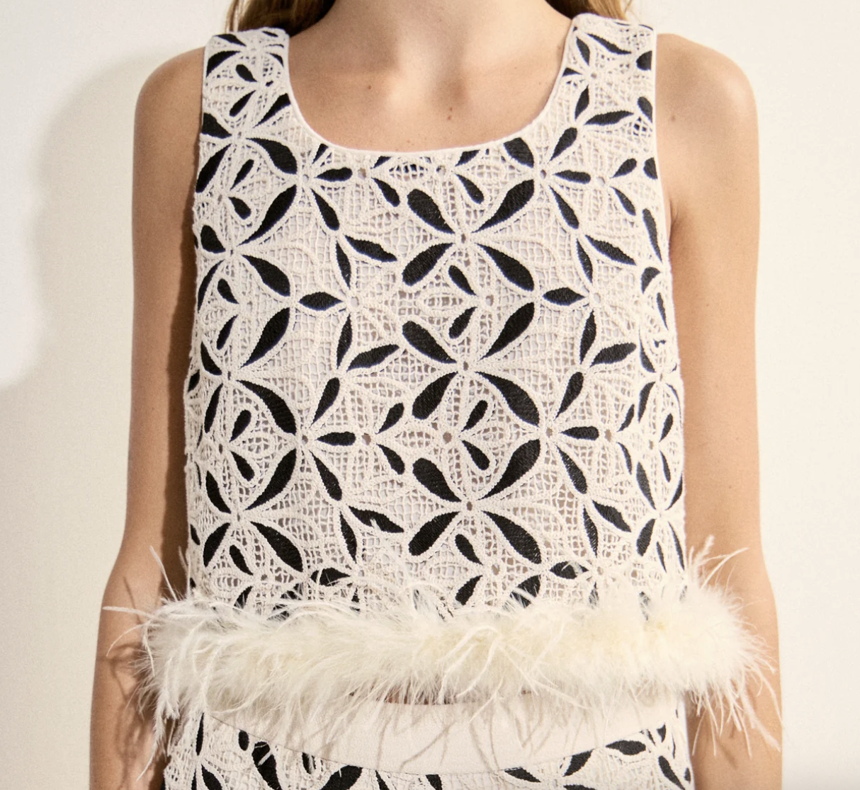 English Factory Crochet Lace Feather Trim Top
