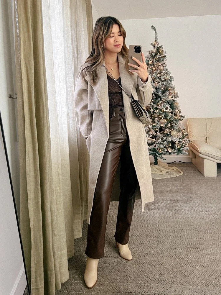 Chocolate Brown Faux Leather Pants Winter Outfit Idea