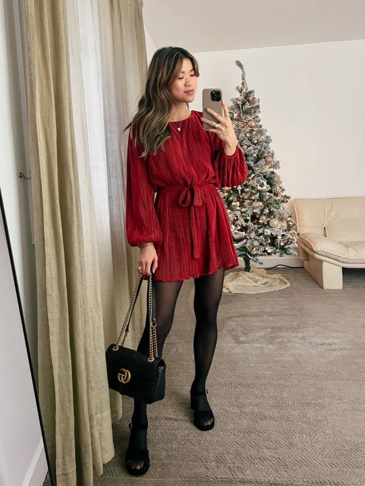 Long-Sleeved Red Dress Winter Outfit Idea