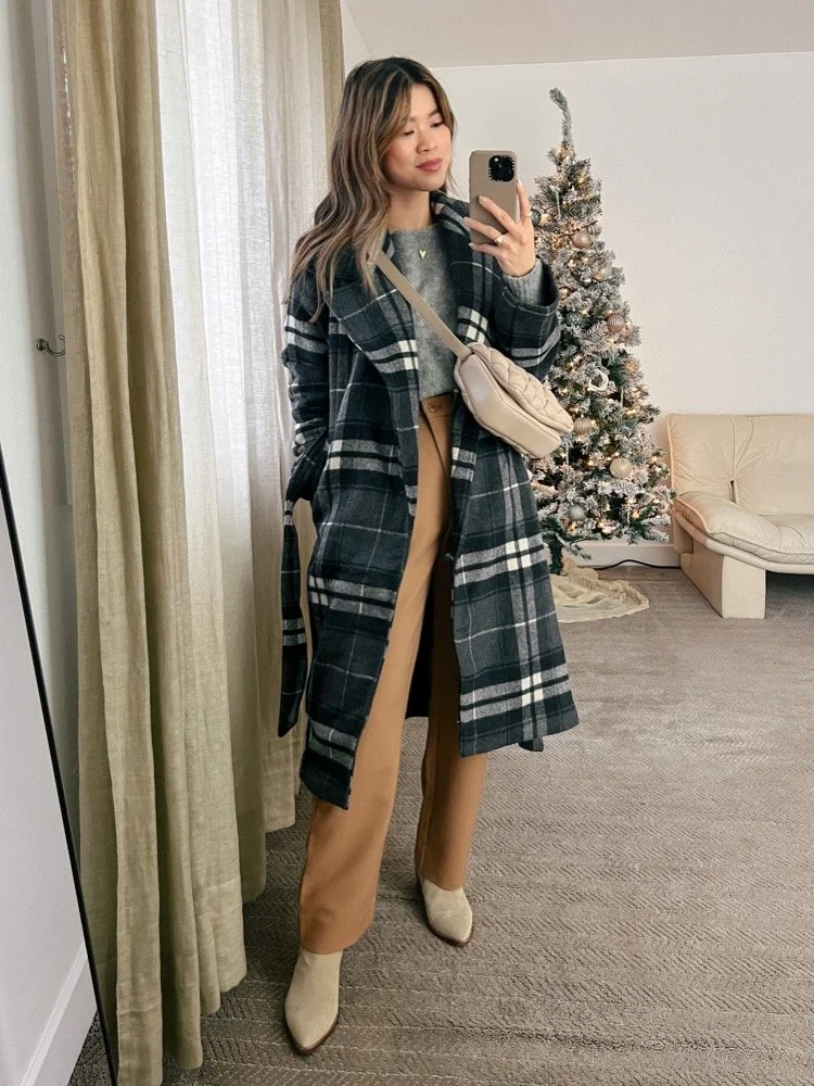 Wool Blend Coat and Tan Tailored Trouser Pants Outfit Idea