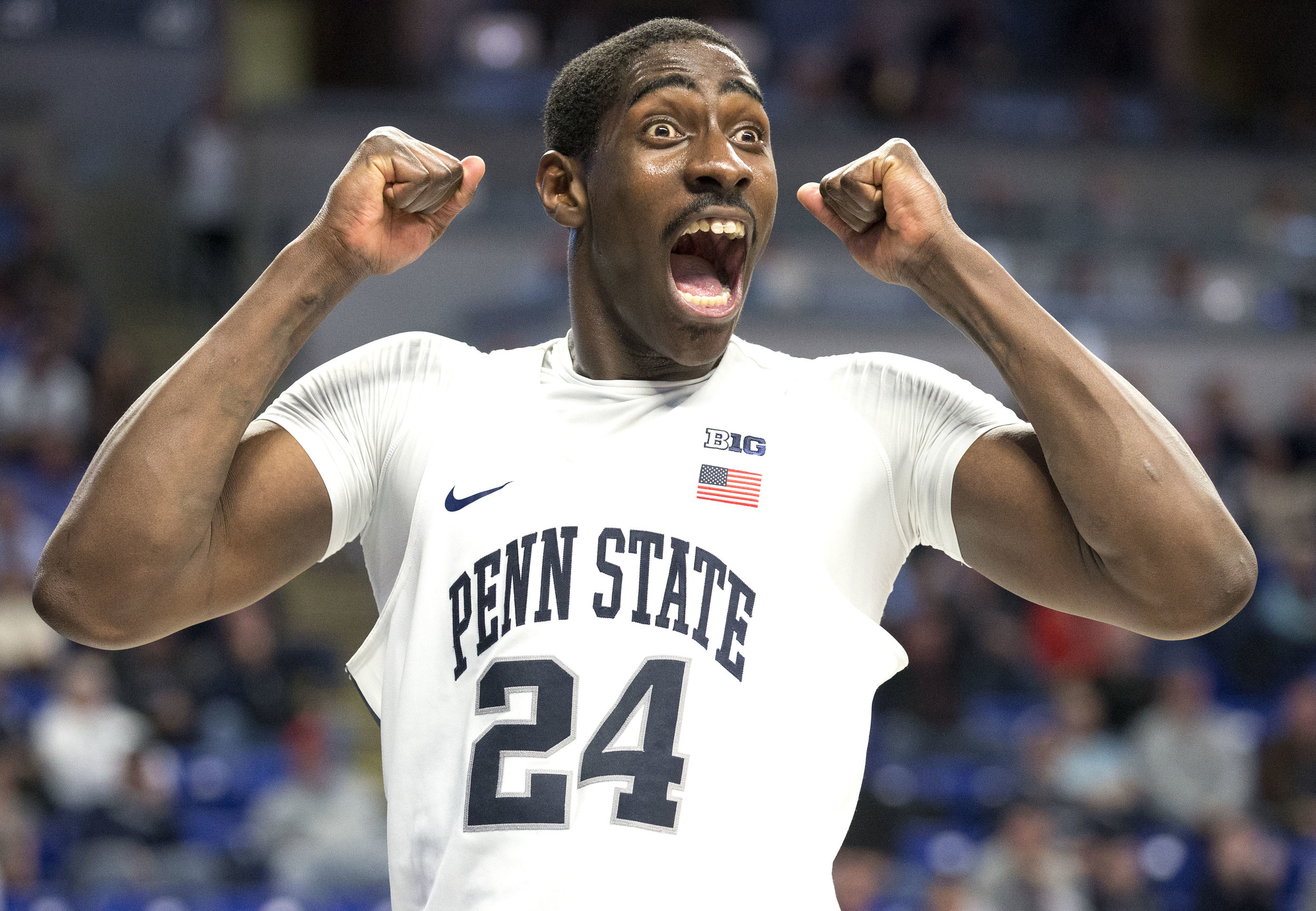 Mike Watkins (24) reacts after a foul call during the men’s basketball game against Maryland at the Bryce Jordan Center on Tuesday, Feb. 7, 2017. Penn State defeated Maryland 70-64.