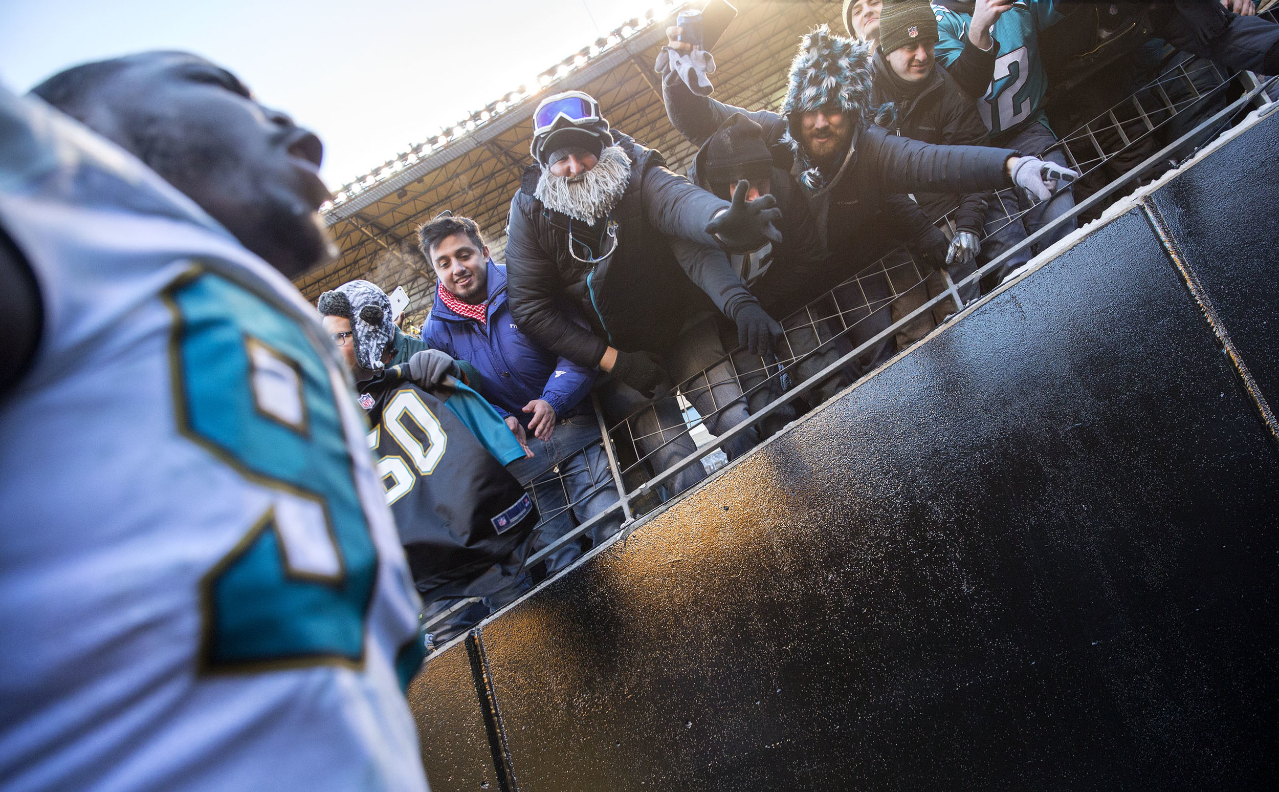  Fans wave at Jaguars Malik Johnson as he screams while entering the tunnel towards the locker room during the divisional playoff game on Sunday, Jan. 14, 2018 at Heinz Field. The Steelers lost to the Jaguars 45-42.&nbsp; 