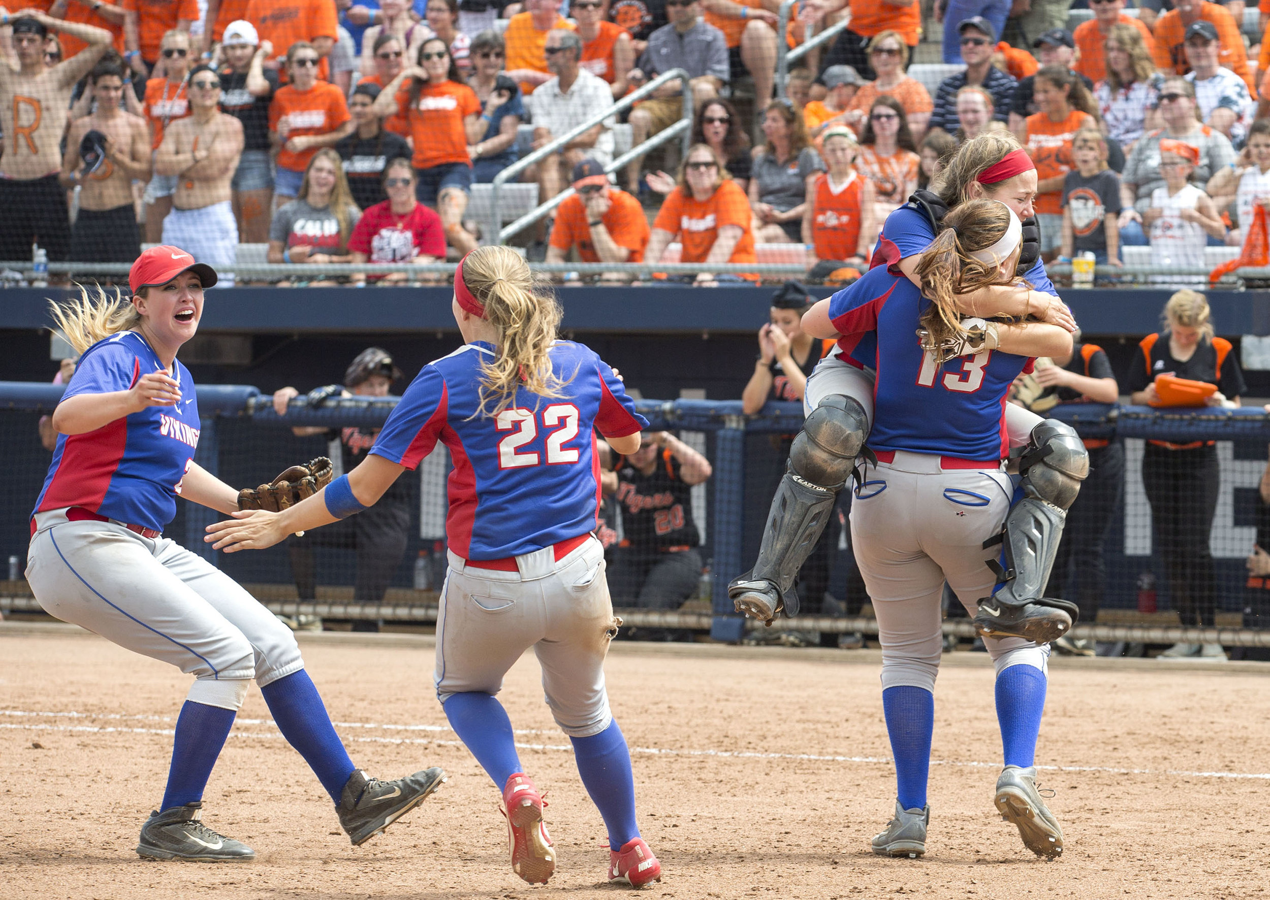  The Mount Pleasant softball team celebrates after winning the 2017 PIAA 4A softball championship at Beard Field  on Thursday, June 15, 2017. Mount Pleasant defeated  Tunkhannock High School 5-3. 