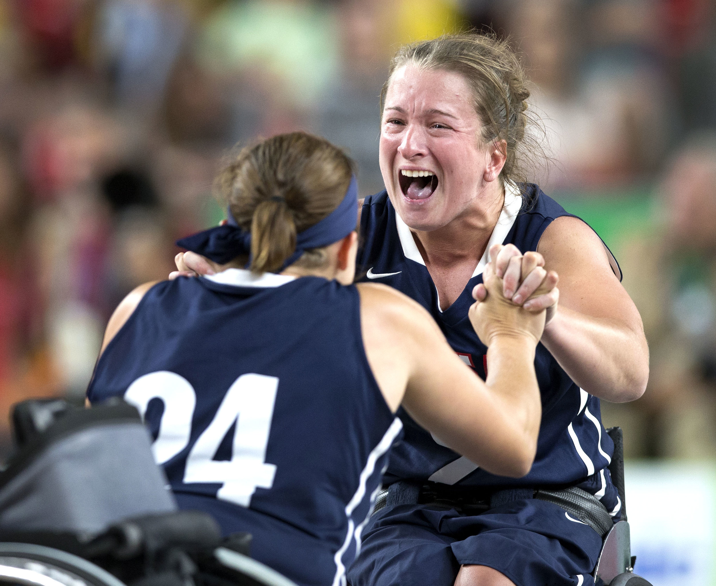  Gail Gaeng reacts after the U.S. team defeated Germany and won gold during the wheelchair basketball game at the 2016 Paralympic Games in Rio de Janeiro, Brazil, on Friday, Sept. 16, 2016. 