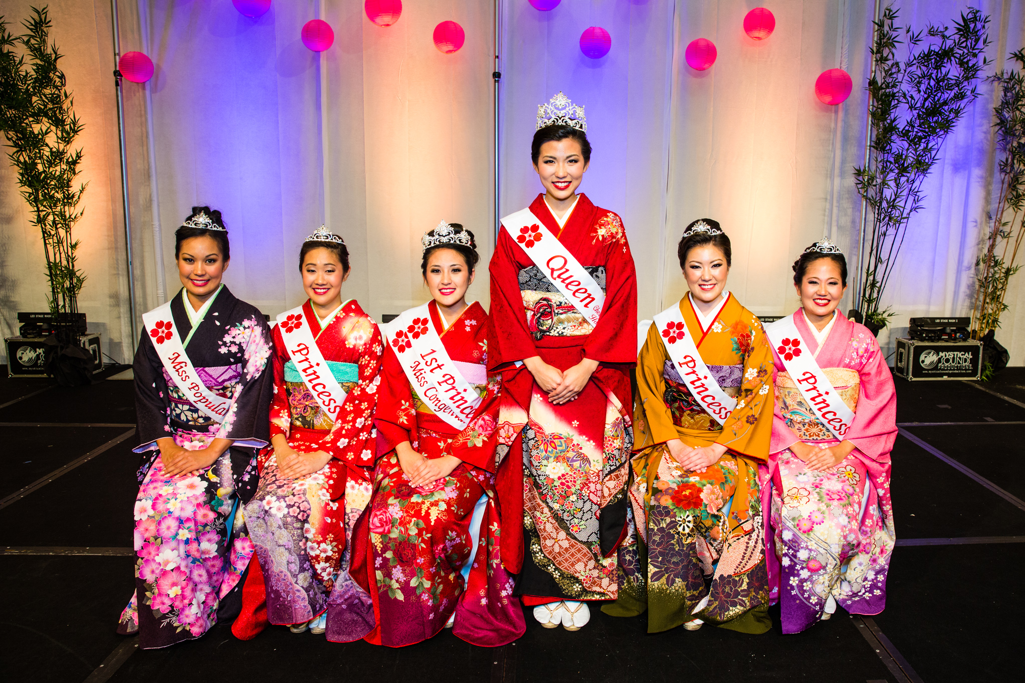 From left to right: Miss Popularity Alysha Tanabe, Princess Nicole Alohilani Ansai, 1st Princess and Miss Congeniality Chelsea Noelani Okamoto, Queen Sarah Kiyomi Kamida, Princess Alyssa Erika Fujihara and Princess Cara Lei Mariko Tsutsuse.