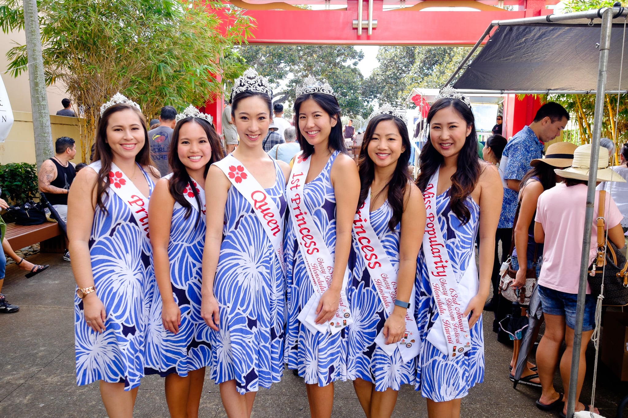 63rd Cherry Blossom Festival Court (from left): Princess Jessica Kaneshiro, Princess Kyla Teramoto, Queen Kimberly Takata, First Princess and Miss Congeniality Rosalei Chinen, Princess Celina Quach, and Miss Popularity Heather Miura.