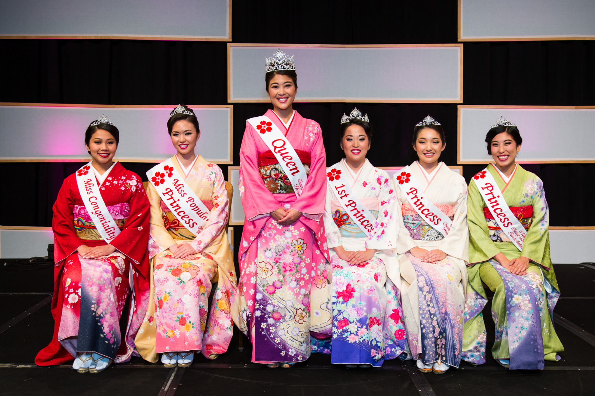 Left to right: Miss Congeniality Dylan Lau, Princess and Miss Popularity Asia Ayabe, Queen Alexis Okihara, 1st Princess Brittney Kawahara, Princess Ritsuko Tomari and Princess Kristi Murakami.