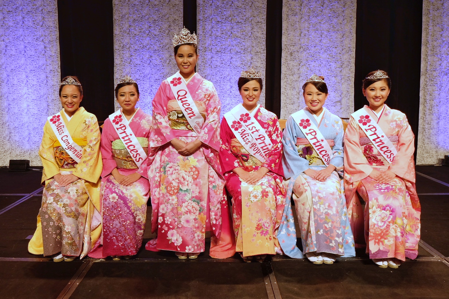 Left to Right: Miss Congeniality Roxanne Napualani Takaesu, Princess Jennifer Keiko Ezaki, Queen Heather Kiyomi Omori , 1st Princess and Miss Popularity Kirstie Hiroi Maeshiro-Takiguchi, Princess Kelly Ann Keiko Takiguchi and Princess Ruth Mariko Taketa. 