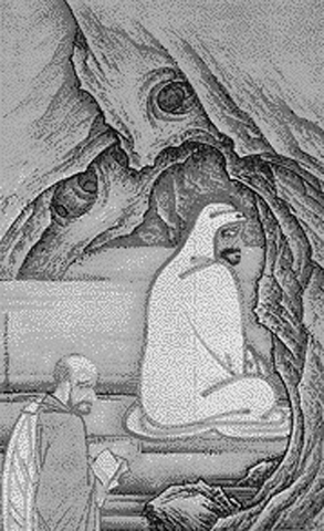 Damo meditating in cave above Shaolin Temple.