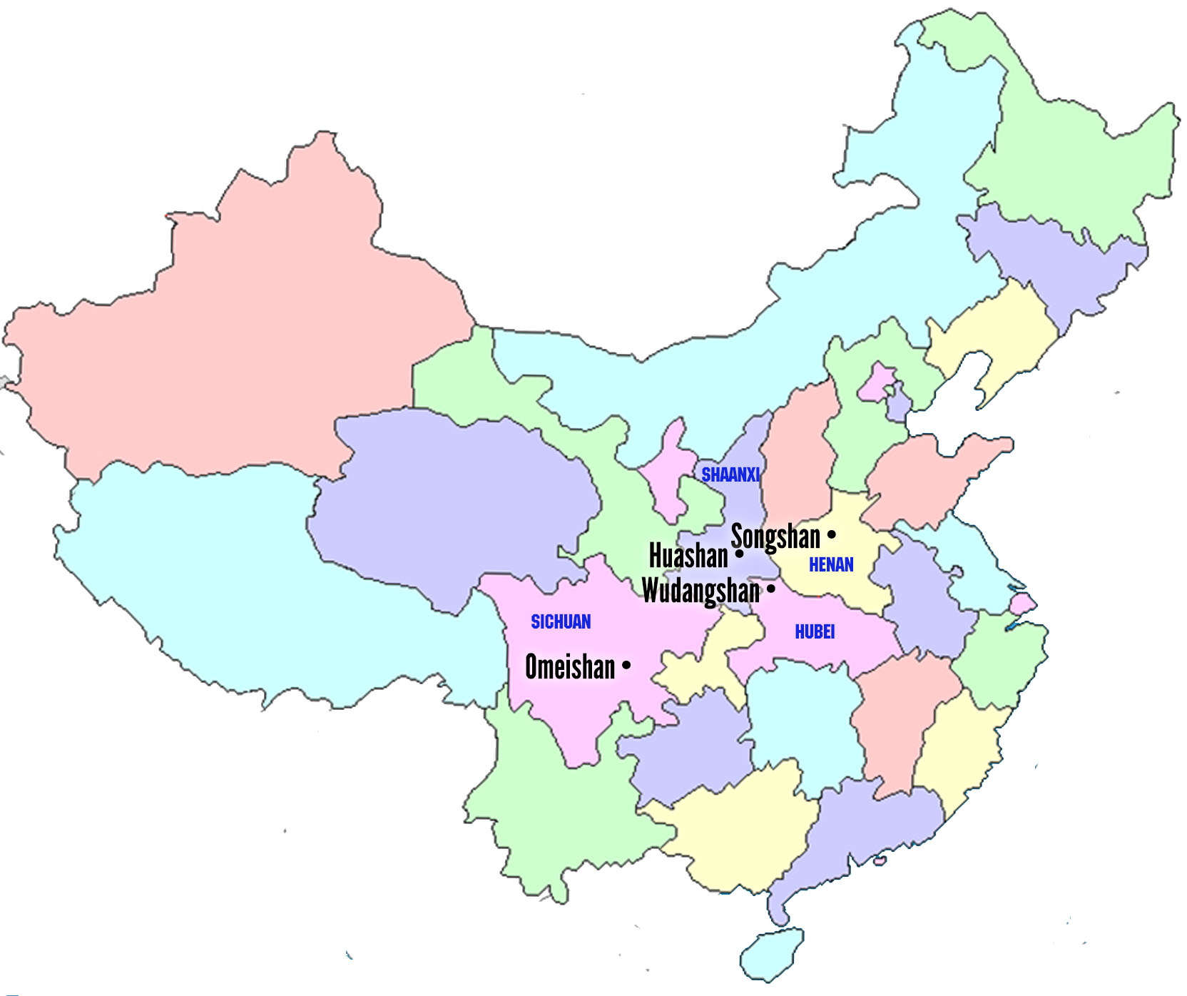 Locations of Songshan, Omeishan, Hua shan, and Wudangshan: the four sacred mountains where major schools of Chinese martial arts originated.