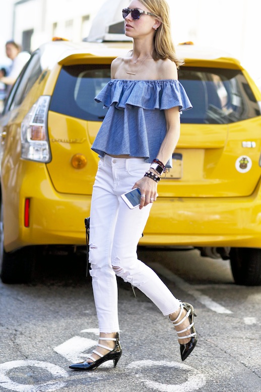 Le-Fashion-Blog-Nyfw-Street-Style-Ruffled-Denim-Off-The-Shoulder-Top-Ripped-White-Jeans-Stack-Of-Bracelets-Black-And-White-Lace-Up-Kitten-Heels-Via-Style-Caster.jpg