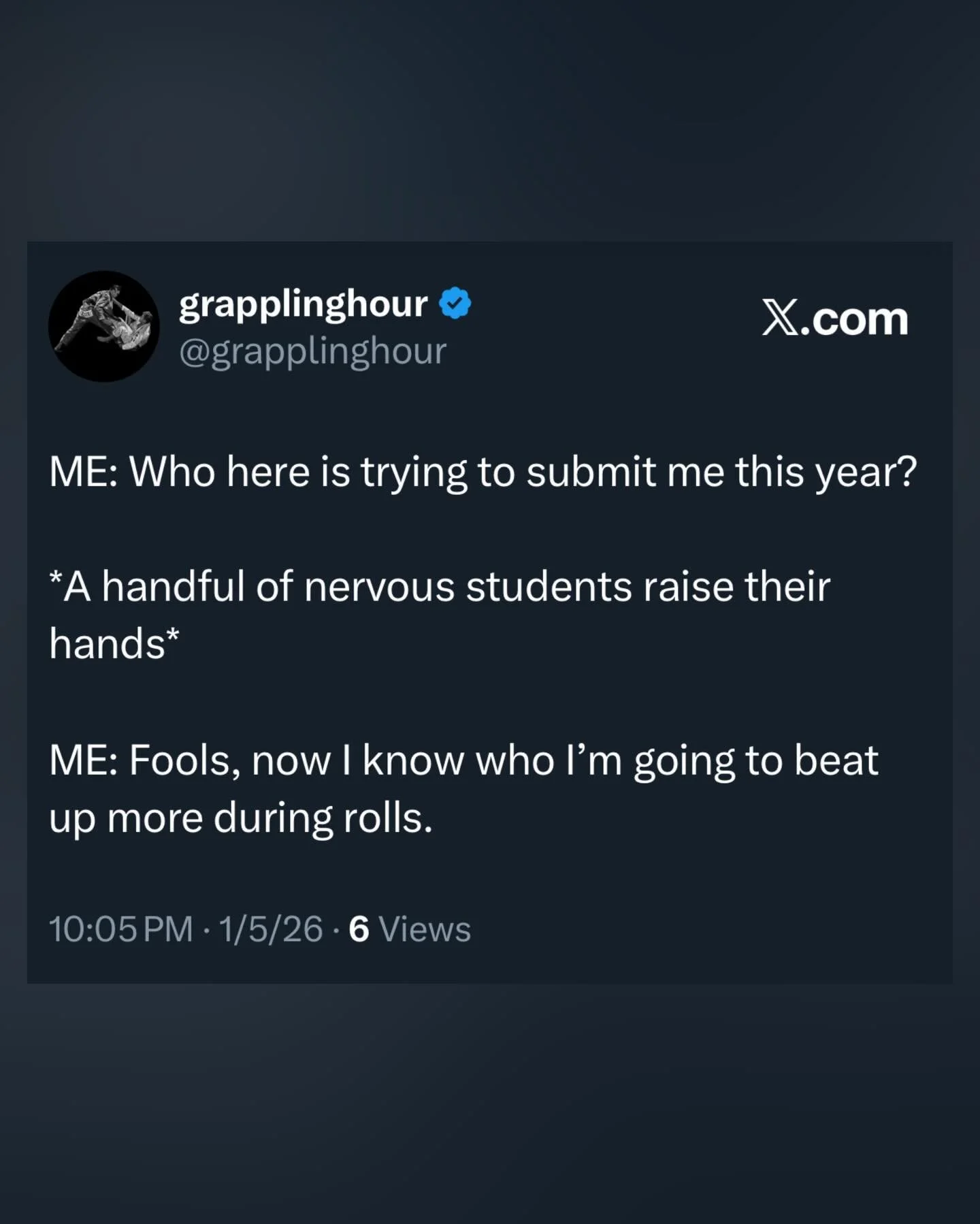 And I won&rsquo;t rest until it&rsquo;s 100% of the class raising their hands. 

#jiujitsu #mma #bjj #bjjlife #grappling