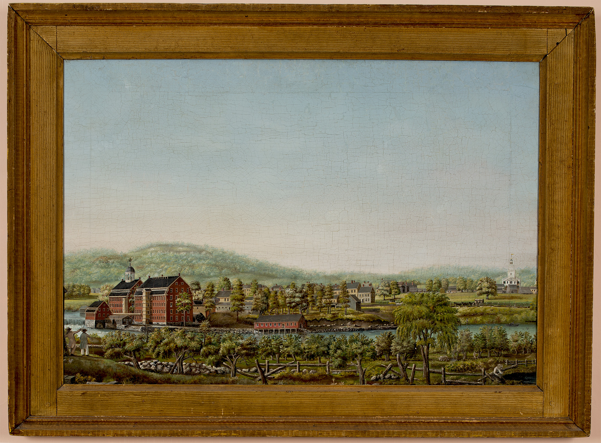 This iconoc painting of the Boston Manufacturing Company in the early 19th century hangs in the foyer at Gore Place in Waltham. This photograph was taken by David Bohl.