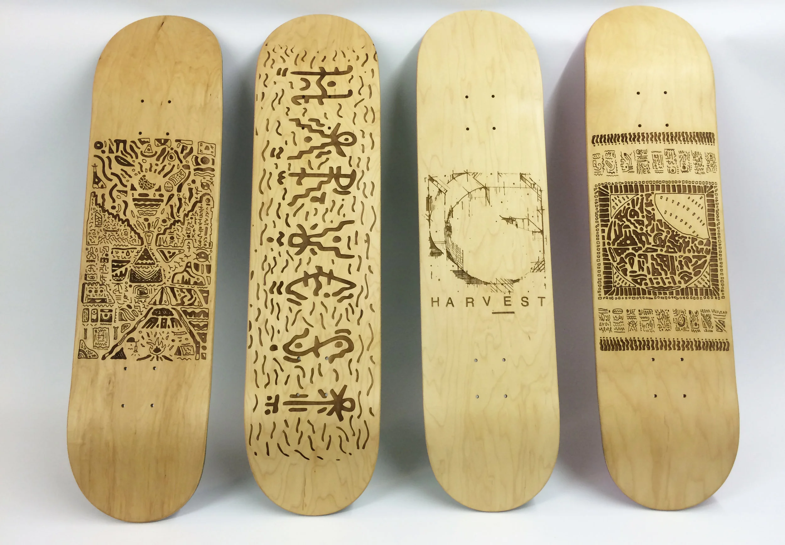 Laser etched series for Harvest Skateboards.