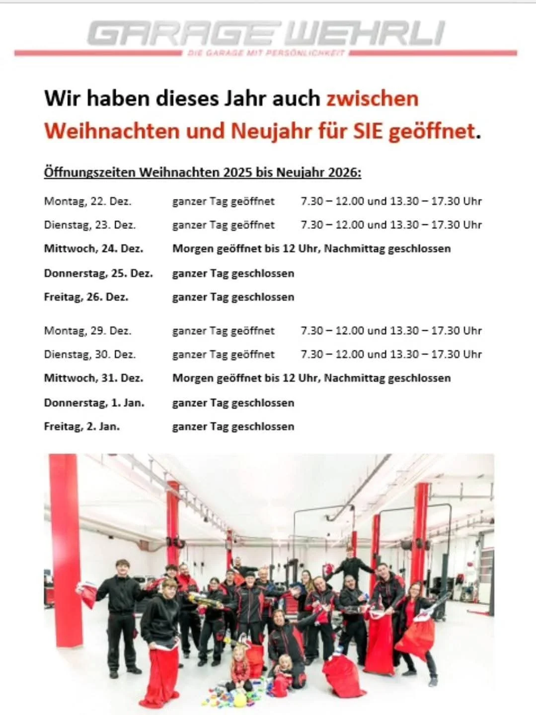 Unsere Öffnungszeiten über die Festtage