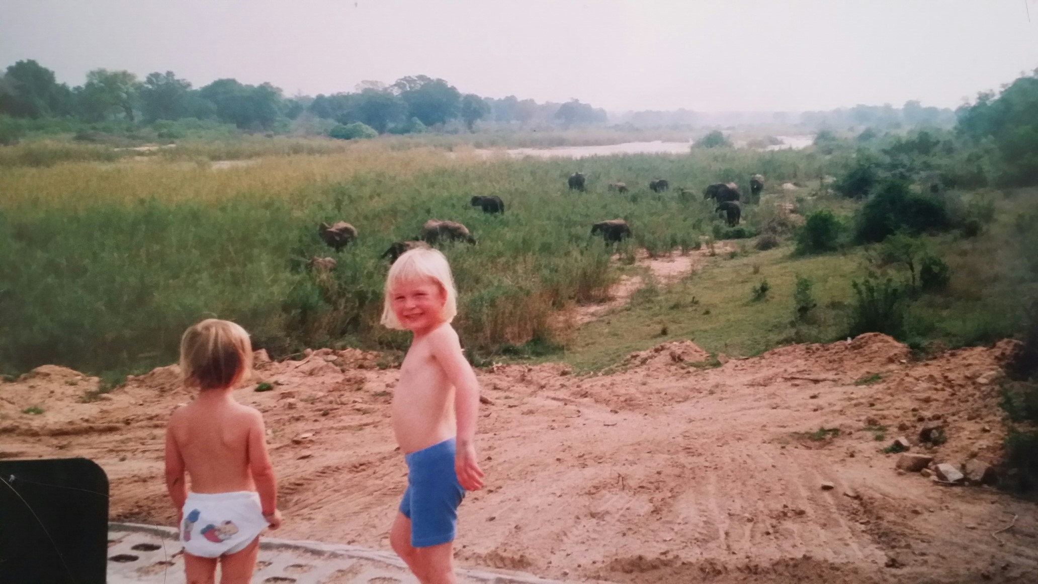 2 youngest watching elephants in South Africa 2001