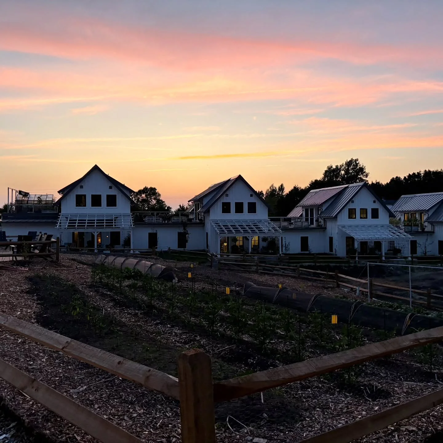 Sunset over the grange at Hillside.